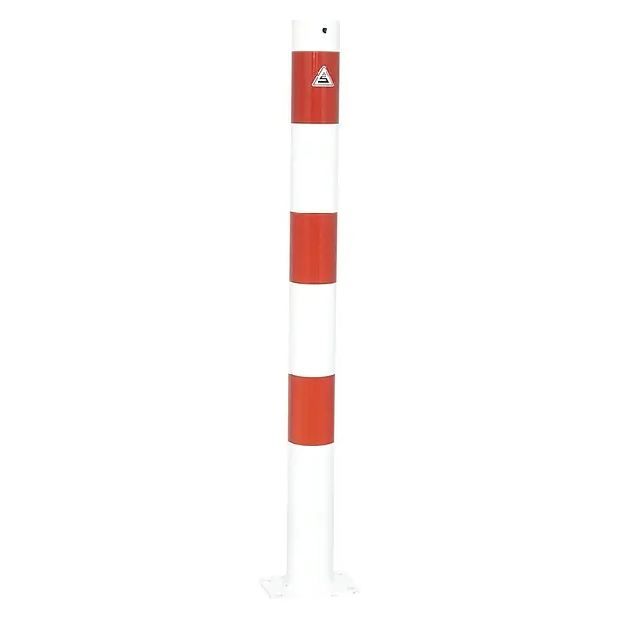 Schake Sperrpfosten - Ø x H: 76 x 900 mm, Stahl, Aufdübeln, Weiß/Rot, Ohne Öse - Ein hochformatiges Bild eines rot-weiß gestreiften Absperrpfostens mit einer Warnmarkierung auf schwarzem Hintergrund.