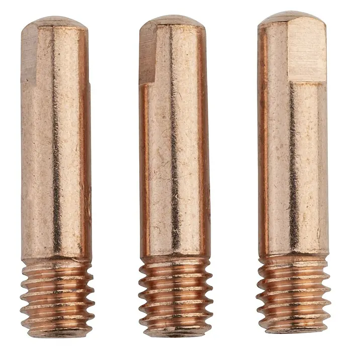 Güde Stromdüse MB15 - Bohrung 0,8 mm - Drei Kupferschweißdüsen mit Gewinde, glatter Oberfläche und abgeflachter Spitze für präzise Schweißarbeiten im Detail.