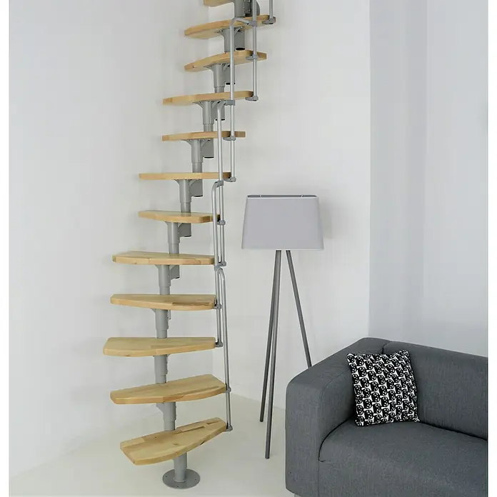 Minka Raumspartreppe Monaco - Breite: 60 cm, Grau, Farbe Stufen: Buche Natur, Geschosshöhe: 294 cm - Wendeltreppe aus Holz und Metall, die sich elegant in eine Ecke des Raumes einfügt. Ein modernes Designelement für stilvolle Wohnräume.