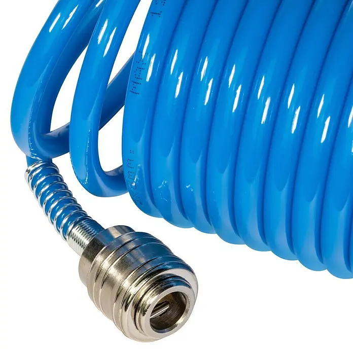Güde Spiralschlauch - Schlauchlänge: 10 m, Betriebsdruck: 11 bar - Blauer Spiralschlauch mit Schnellkupplung, ideal für Druckluftwerkzeuge. Flexibel und robust für vielfältige Anwendungen in Werkstatt und Industrie.