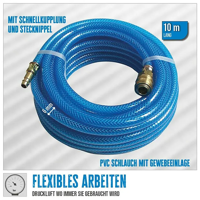 Güde Druckluftschlauch - Schlauchlänge: 10 m, Schlauchdurchmesser: 6 mm - Eine blaue PVC-Schlauchrolle mit Gewebeeinlage, Schnellkupplung und Stecknippel, 10 m lang und 6 mm Durchmesser.