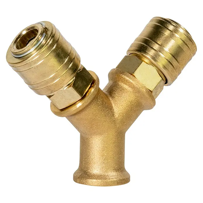 Güde Druckluftverteiler - L x B x H: 75 x 95 x 25 mm, ⅜″ - Y-Stück-Verbinder aus Messing mit Schnellkupplungen. Ideal für die Verbindung von zwei Schläuchen oder Rohren in einem System.