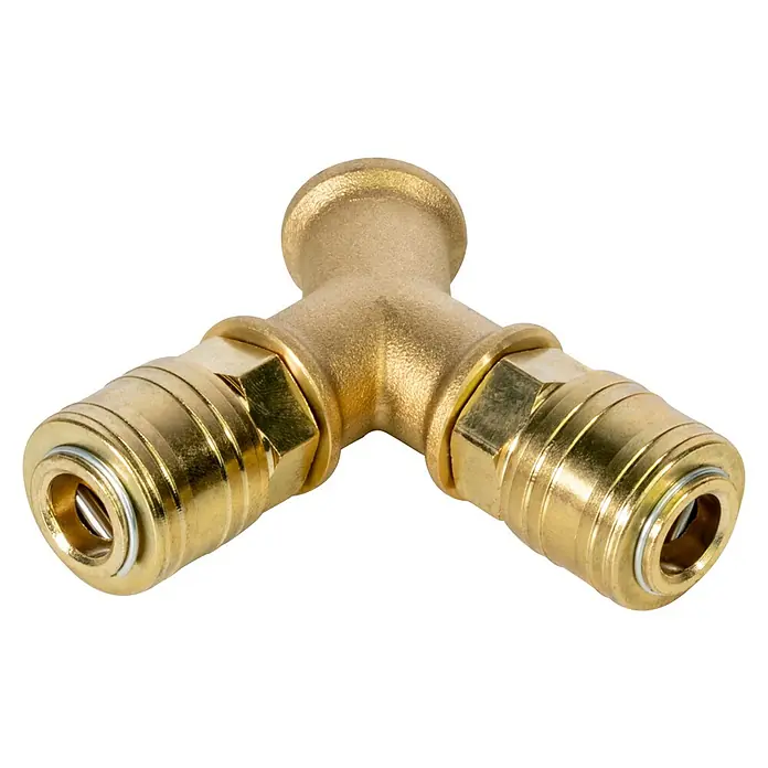 Güde Druckluftverteiler - L x B x H: 75 x 95 x 25 mm, ⅜″ - Messing Y-Stück mit zwei Schnellkupplungen, ideal für die Verbindung von Luftleitungen. Robustes Material für zuverlässige Druckluftsysteme.