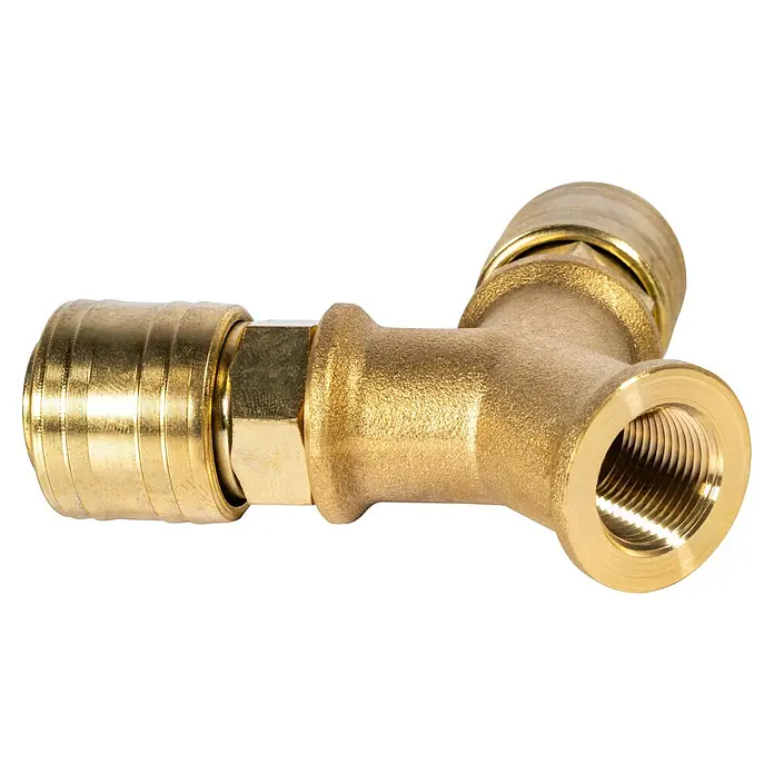 Güde Druckluftverteiler - L x B x H: 75 x 95 x 25 mm, ⅜″ - Abbildung eines goldenen T-Stück-Rohrverbindungsstücks auf schwarzem Hintergrund, das für Rohrarbeiten verwendet wird.