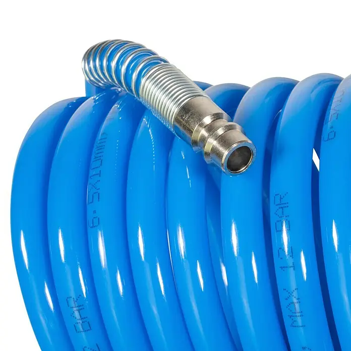Güde Spiralschlauch - Schlauchlänge: 10 m, Betriebsdruck: 11 bar - Nahaufnahme eines blauen Druckluftschlauchs mit Metallanschluss und Spiralfeder.