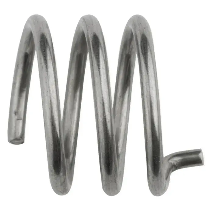 Güde Befestigungsfeder MB15 - L x B x H: 16 x 12 x 12 mm, Passend für: Schlauchpaket 4M MB15/TBI150 und 4M MB15/AK, Stahl - Nahaufnahme einer glänzenden, silbernen Schraubenfeder, die sich vor einem schwarz-weiß gestreiften Hintergrund windet.