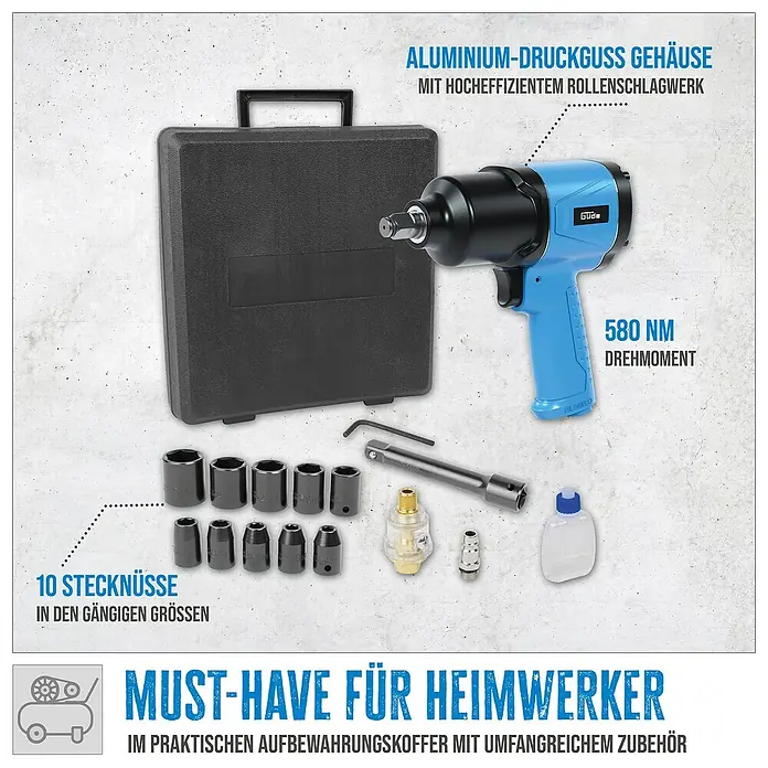 Güde Druckluft-Schlagschrauber-Set - Gesamtumfang: 16 -tlg., Schwarz/Blau - Abbildung eines Güde Schlagschraubers im Koffer mit Zubehör, ideal für Heimwerker. Robustes Gehäuse und hohe Leistung für vielfältige Anwendungen.