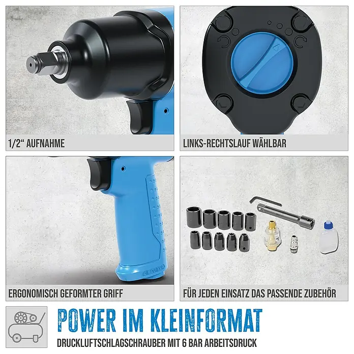 Güde Druckluft-Schlagschrauber-Set - Gesamtumfang: 16 -tlg., Schwarz/Blau - Details des Druckluft-Schlagschraubers mit Zubehör, einschließlich 1/2"-Aufnahme und ergonomischem Griff.