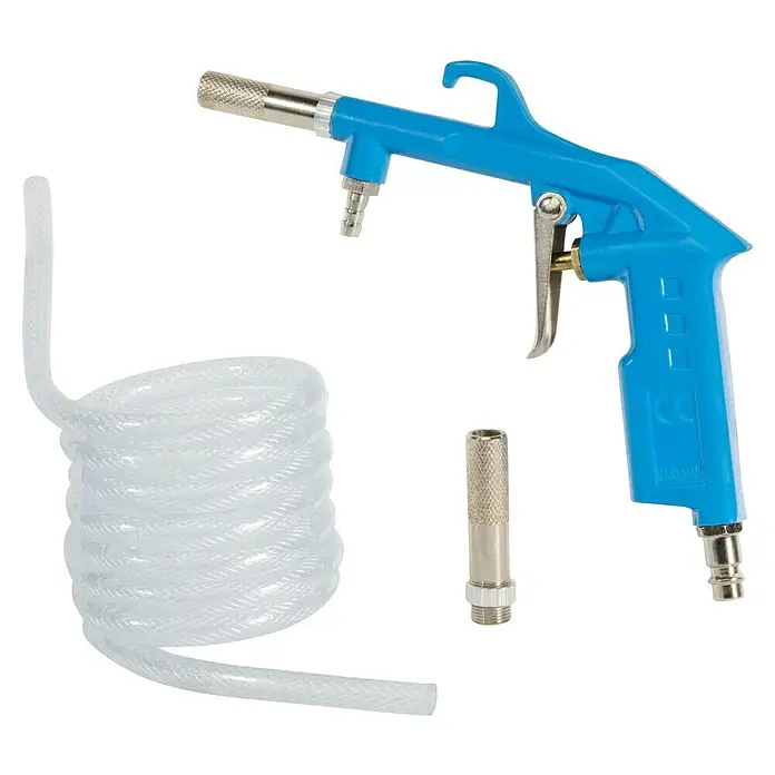 Güde Strahlpistole SP 200 - Schlauchlänge: 2 m, Blau - Eine blaue Druckluftpistole mit Schlauch und Zubehör, ideal für Reinigungsarbeiten in Werkstätten oder im Hobbybereich.