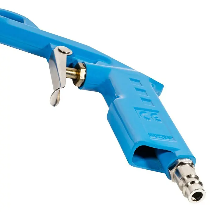 Güde Strahlpistole SP 200 - Schlauchlänge: 2 m, Blau - Nahaufnahme einer blauen Ausblaspistole mit silbernem Abzug und Anschlüssen, ideal für Werkstattarbeiten und Reinigung.