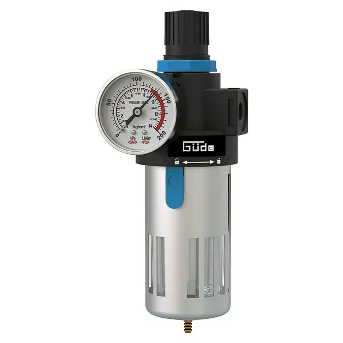 Güde Druckminderer - L x B x H: 157 x 39 x 39 mm, Silber/Schwarz - Produktbild eines Güde Druckminderers mit Manometer, zur präzisen Einstellung des Luftdrucks in Druckluftsystemen.
