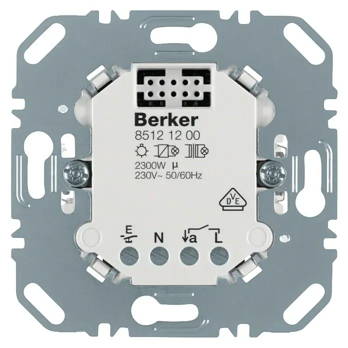 Berker Relais-Modul 85121200 - Unterputzmontage - Nahaufnahme eines Berker-Schalters mit Detailansicht der Anschlüsse und technischen Spezifikationen auf weißem Grund.