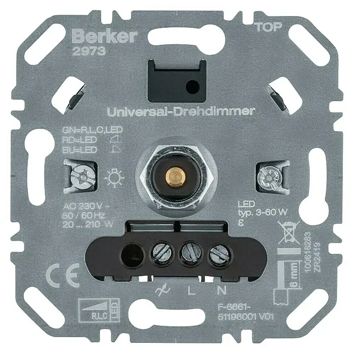 Berker Dimmer-Einsatz Universal-Drehdimmer - R, L, C, LED - Nahaufnahme eines Berker 2973 Universal-Drehdimmers, der für verschiedene Leuchtmittel geeignet ist.