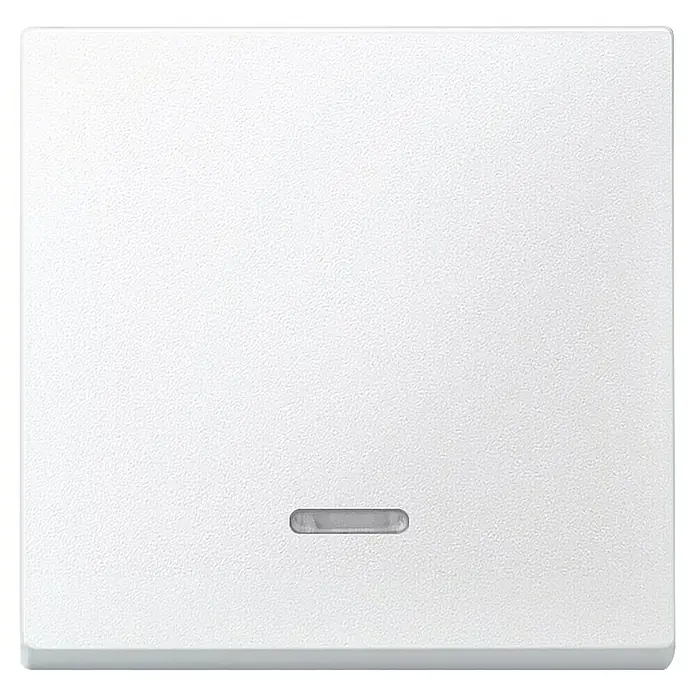 Merten System M Kontrollschalterwippe 431019 - Polarweiß, Matt, Kunststoff, Unterputzmontage - Nahaufnahme einer weißen Unterputz-Schalterabdeckung mit einem kleinen, länglichen Schalter unten in der Mitte.