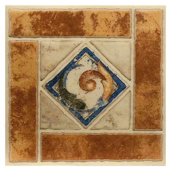 Revestimiento de pared DV-16017 - 16 x 16 cm, Marrón/Terracota - Primer plano de una baldosa decorativa cuadrada con patrones geométricos y un diseño ornamental central.