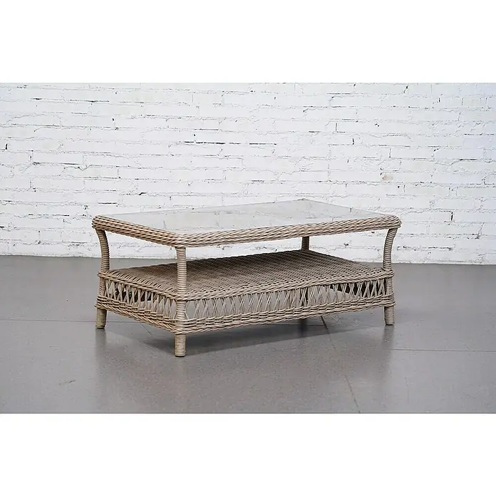 Sunfun Conjunto de muebles Soraya - 4 pzs., Ratán sintético/Aluminio/Poliéster, Beige/Gris - Mesa de centro rectangular de ratán con tapa de cristal y estante. Perfecta para salones o patios, elegante y práctica.
