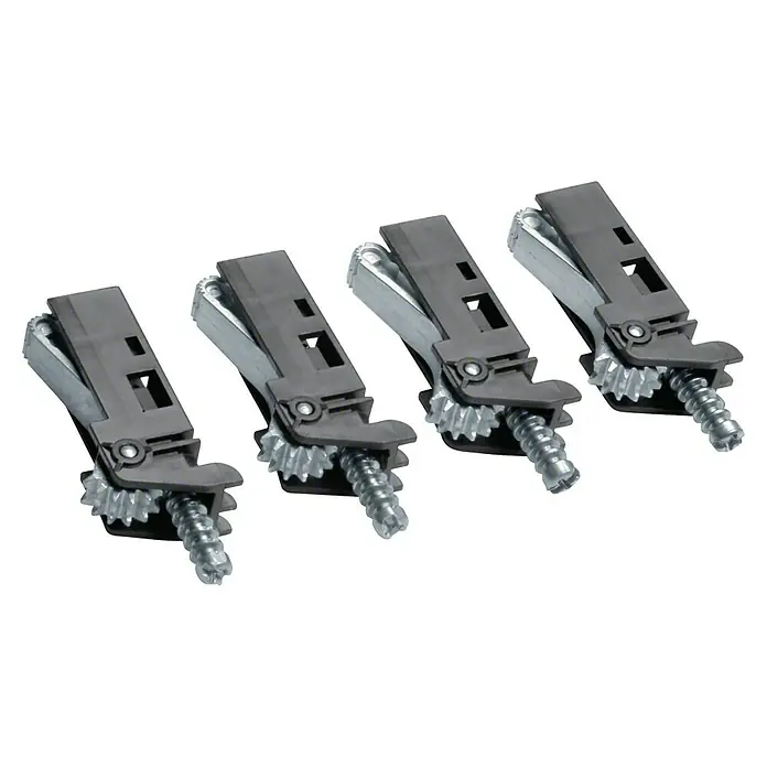 Hager Befestigungs-Set Hohlwandset Volta für Mauerkasten VZ405N - 234 mm - Nahaufnahme von vier Rolladengetrieben, die durch ihr Design mit Zahnrädern und Schrauben ins Auge fallen.