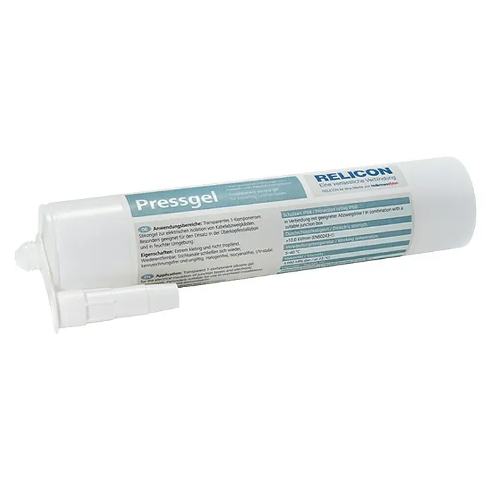 Relicon Silikon 1-Komponenten-Gel 435-00838 - Transparent, 310 ml - Abgebildet ist Relicon Pressgel, ein transparentes 1-Komponenten-Silikongel zur elektrischen Isolation in Kabelabzweigkästen, ideal für Überkopfinstallationen.
