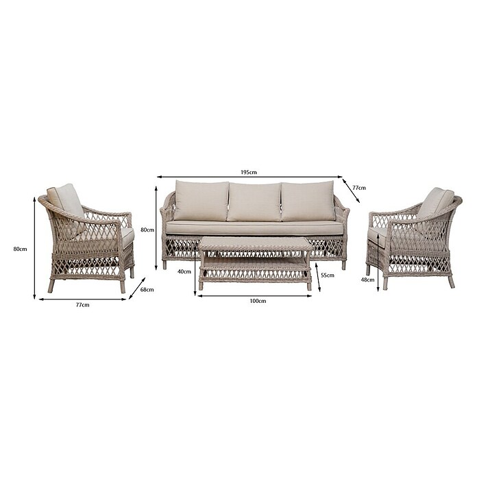 Sunfun Conjunto de muebles Soraya (4 pzs., Ratán sintético/Aluminio/Poliéster, Beige/Gris) | BAUHAUS
