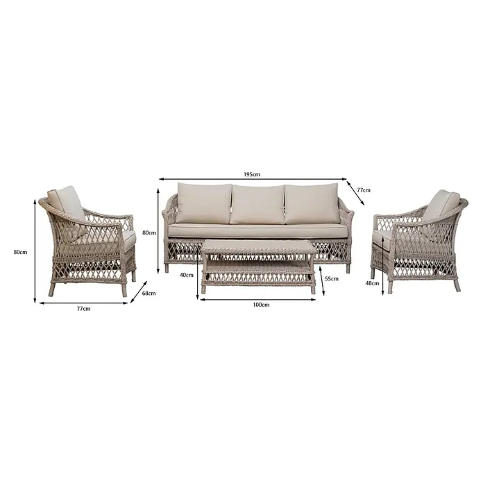 Sunfun Conjunto de muebles Soraya - 4 pzs., Ratán sintético/Aluminio/Poliéster, Beige/Gris - Conjunto de muebles de jardín de ratán con sofá, sillones y mesa. Perfecto para relajarse al aire libre. Los cojines claros garantizan la comodidad.