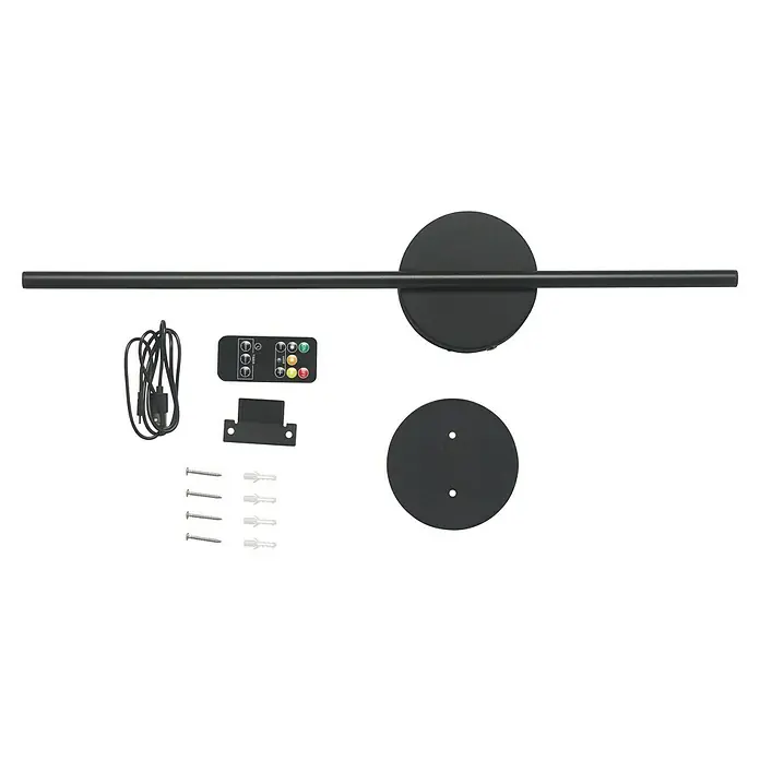 Lavida Akku-Wandleuchte - 60 cm x 12 cm x 5 mm, Schwarz, Warmweiß, 5 W, IP20 - Das Bild zeigt einen schwarzen magnetischen LED-Schreibtischleuchte mit einer Fernbedienung und Befestigungsschrauben, ideal für die Arbeitsbeleuchtung.