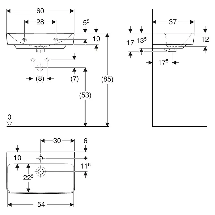 Geberit Renova Compact Waschtisch-Set - 60 x 37 cm, Ohne Spezialglasur, Hahnloch: Mitte, Mit Überlauf, Weiß - Technische Zeichnung eines Waschbeckens mit Maßangaben zu Breite, Höhe und Tiefe, dargestellt in verschiedenen Ansichten.