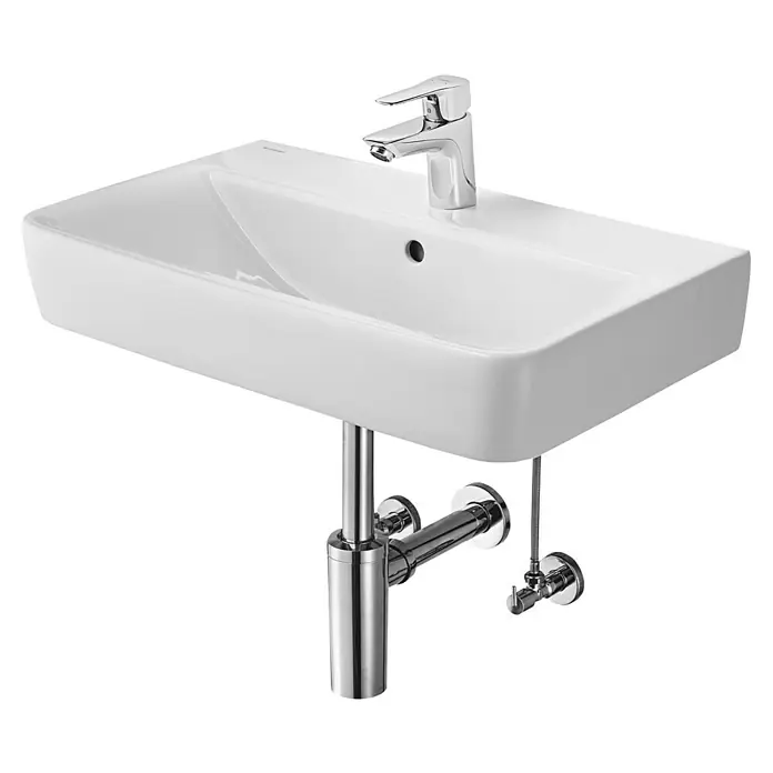Geberit Renova Compact Waschtisch-Set - 60 x 37 cm, Ohne Spezialglasur, Hahnloch: Mitte, Mit Überlauf, Weiß - Weißes Waschbecken mit Armatur und verchromtem Siphon vor schwarzem Hintergrund. Elegantes Design für moderne Badezimmer.