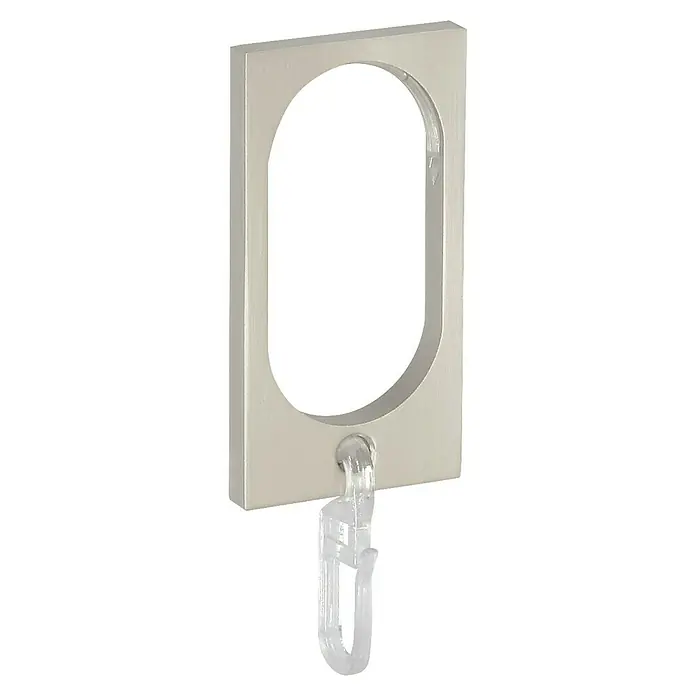 Expo Ambiente Gardinenring Rechteck - Edelstahloptik, Geeignet für: 32 x 11 mm Profil, 8 Stk. - Nahaufnahme eines silbernen Bilderhängehakens mit transparentem Kunststoffclip zur sicheren Befestigung von Bildern an Wänden.
