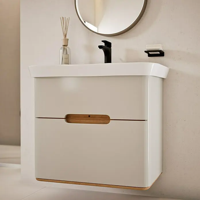VitrA Sento Badmöbel-Set Sento - 80 cm, Hellgrau, 2 Schubladen - Elegantes Badezimmer-Waschbeckenunterschrank in Weiß mit Holzdetails und moderner Armatur für ein stilvolles Ambiente.