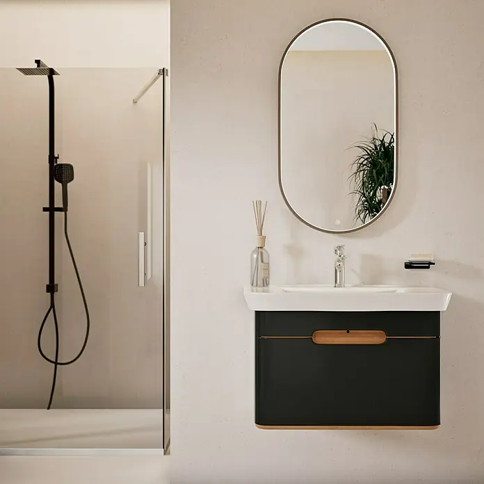 VitrA Sento Badmöbel-Set Sento - 80 cm, Anthrazit, Griffmulde - Modernes Badezimmer mit dunklem Waschtischunterschrank, ovalem Spiegel und schwarzer Dusche. Elegantes Design für stilvolle Bäder.