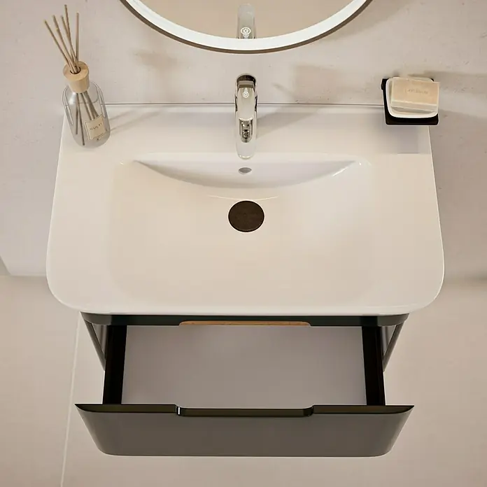 VitrA Sento Badmöbel-Set Sento - 80 cm, Anthrazit, Griffmulde - Schlichtes Waschbecken mit offenem Unterschrank und Armaturen, ideal für moderne Badezimmerdesigns.