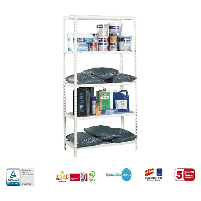 Simonrack Simonclick Estantería metálica Ecoclick Mini - Al x An x Pr: 180 x 80 x 30 cm, Capacidad de carga por balda: 70 kg, Número de baldas: 5 ud., Inserción, Blanco - Una estantería blanca de cinco niveles, llena de cubos de pintura, bidones de aceite y sacos. Es una solución de almacenamiento práctica.