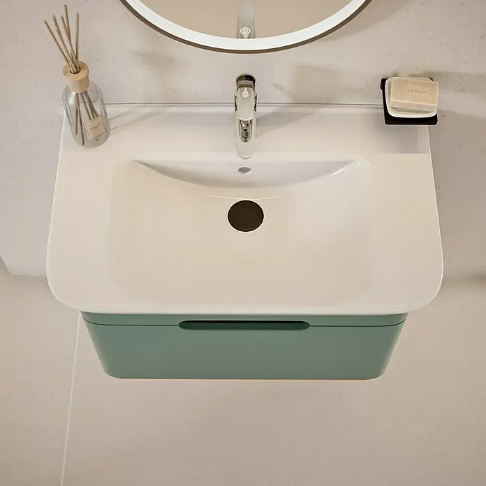 VitrA Sento Badmöbel-Set Sento - 80 cm, Fjordgrün, Griffmulde - Moderne Waschbecken-Kombination mit mintgrünem Unterschrank, Aufsatzwaschbecken, Armatur und Seifenspender für ein stilvolles Badezimmer.