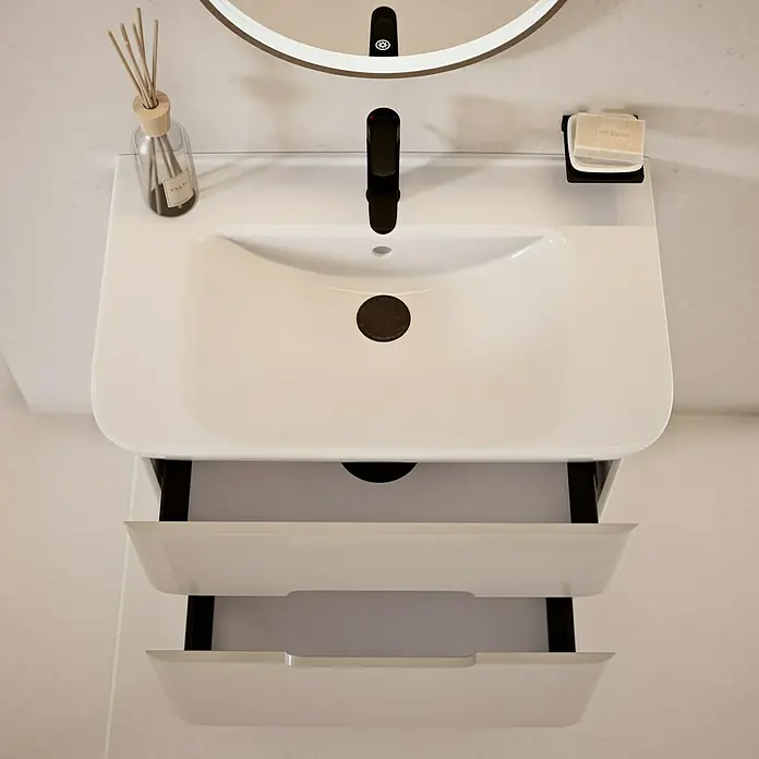 VitrA Sento Badmöbel-Set Sento - 80 cm, Hellgrau, 2 Schubladen - Badezimmerschrank mit Waschbecken, Armatur, Spiegel und zwei Schubladen für ein modernes und stilvolles Badezimmer.