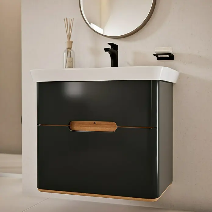 VitrA Sento Badmöbel-Set Sento - 80 cm, Anthrazit, 2 Schubladen - Elegantes Badezimmer-Waschbecken mit schwarzem Unterschrank, Holzdetails und einem runden Spiegel, das moderne Design und Funktionalität vereint.
