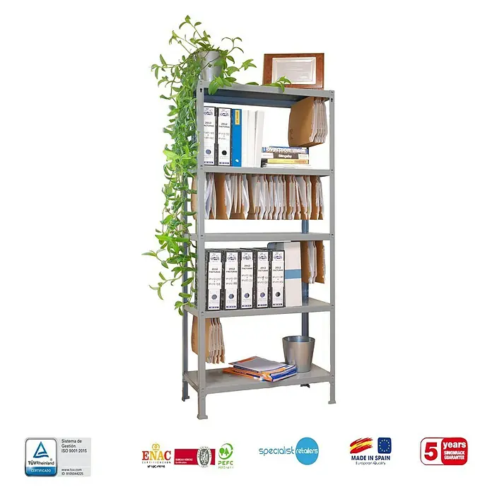 Simonrack Simonhome Estantería metálica Fileclick Mini - Al x An x Pr: 180 x 80 x 36 cm, Número de baldas: 5 ud., Inserción, Gris - Estantería metálica gris de cinco niveles con archivadores, carpetas colgantes, un libro y una planta, ideal para oficina o almacén.