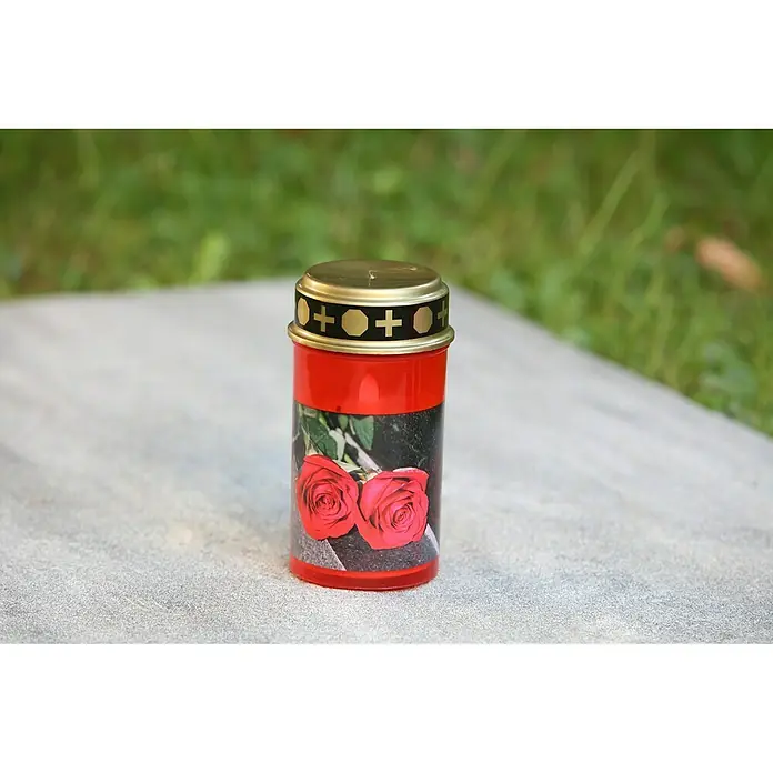 LED-Grablampe Tumba - Ø x H: 7 x 13 cm, Rot - Grabkerze mit zwei roten Rosen. Eine stimmungsvolle Dekoration für einen Gedenkort, die Wärme und Erinnerung spendet.