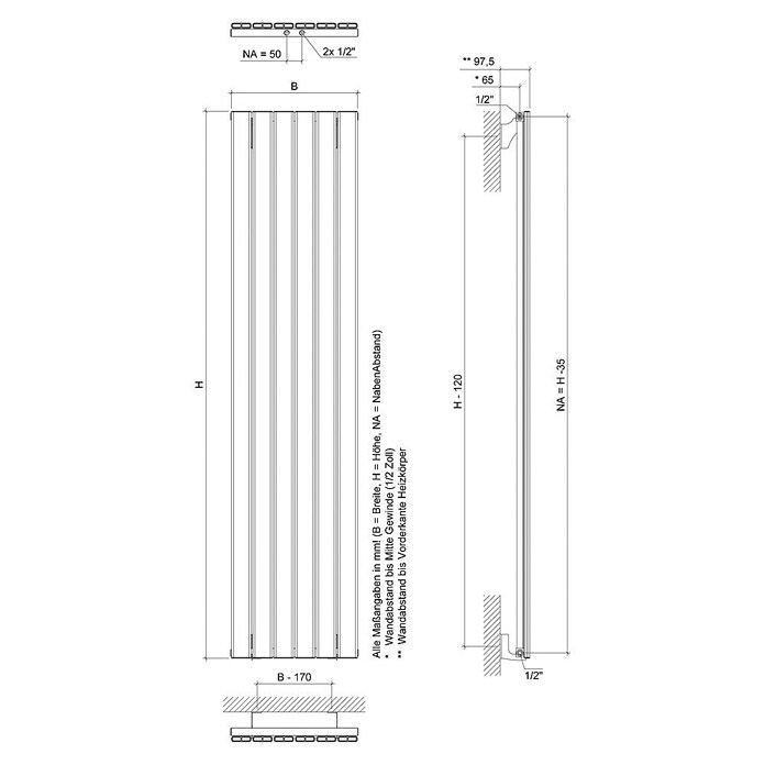 Ximax Designheizkörper Levis (B x H: 345 x 1 800 mm, Wärmeleistung bei Vorlauftemperatur von 75 °C (D: 50): 685 W, Weiß) | BAUHAUS