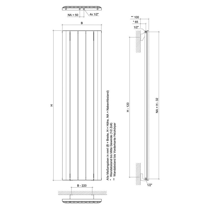 Ximax Designheizkörper Trigo (B x H: 470 x 1 800 mm, Wärmeleistung bei Vorlauftemperatur von 75 °C (D: 50): 960 W, Anthrazit) | BAUHAUS