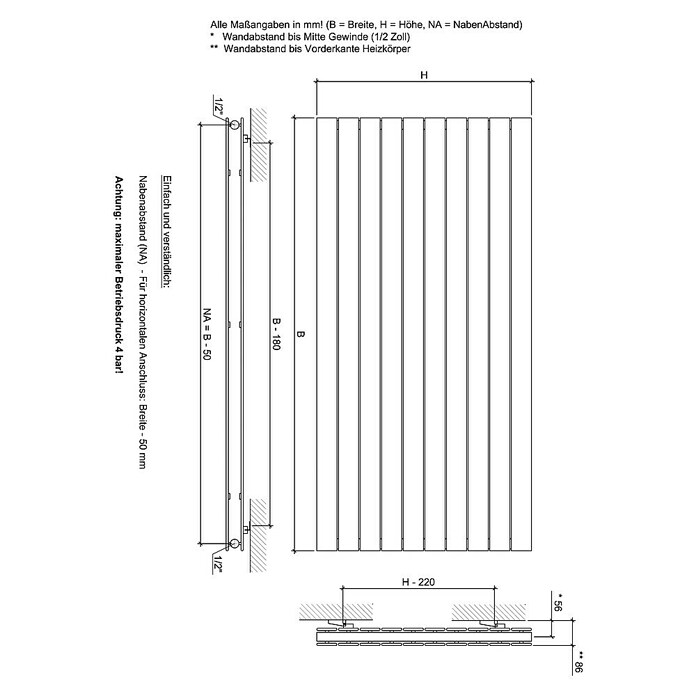 Ximax Raumheizkörper P1 Duplex Horizontal (59,5 x 120 cm, 1.472 W, Anthrazit)