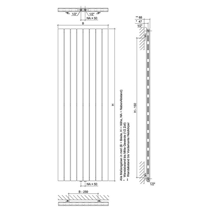 Ximax Raumheizkörper P1 Duplex Slimline Deluxe (B x H: 295 x 1 800 mm, Wärmeleistung bei Vorlauftemperatur von 75 °C (D: 50): 809 W) | BAUHAUS