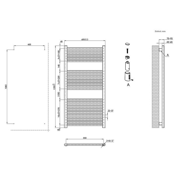 Ximax Elektro-Badheizkörper Omega (B x H: 600 x 1 200 mm, Wärmeleistung bei Vorlauftemperatur von 75 °C (D: 50): 600 W) | BAUHAUS
