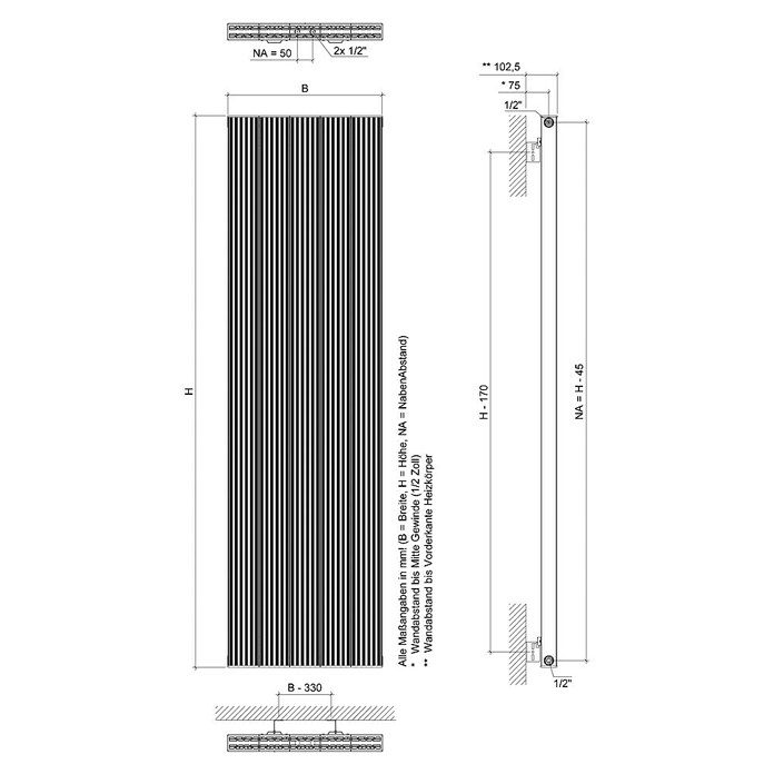Ximax Designheizkörper Valeo (B x H: 600 x 1 800 mm, Wärmeleistung bei Vorlauftemperatur von 75 °C (D: 50): 1 479 W, Anthrazit) | BAUHAUS