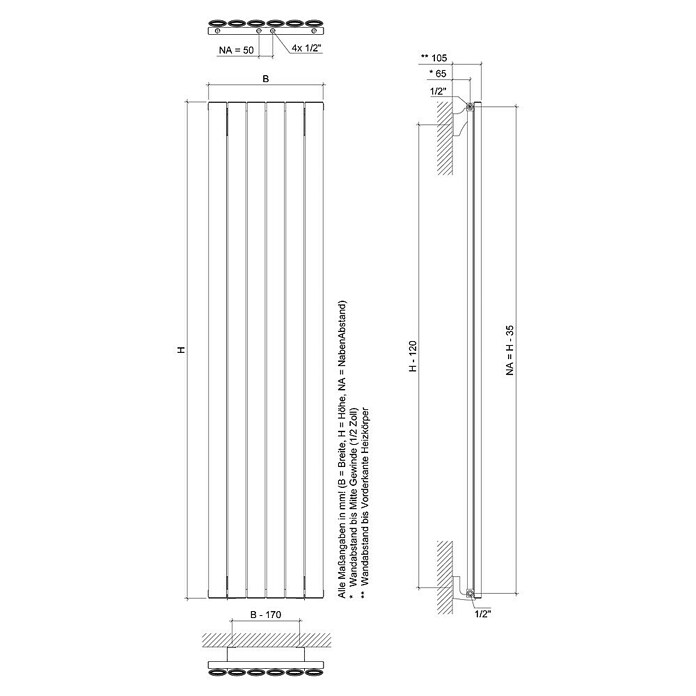Ximax Designheizkörper Novus (B x H: 415 x 1 800 mm, Wärmeleistung bei Vorlauftemperatur von 75 °C (D: 50): 977 W, Anthrazit) | BAUHAUS