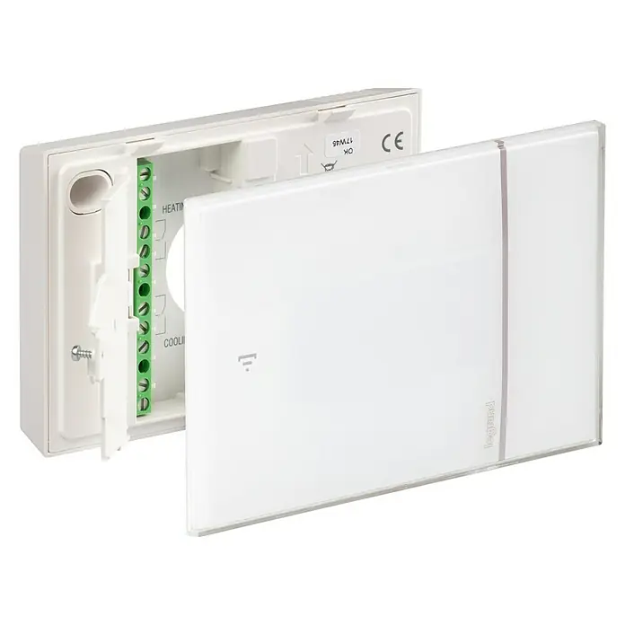 Legrand Termostato inalámbrico WiFi Elliot - Funcionamiento en red, L x An x Al: 2,81 x 12,6 x 8,7 cm - Un termostato Legrand con panel frontal extraíble, que muestra los terminales de conexión verdes para calefacción y refrigeración. Diseño moderno y minimalista.