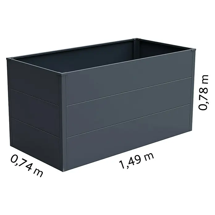 KGT Hochbeet UrbanGrow L - 149 x 74 x 78 cm, Metall, Anthrazit-grau - Bild eines rechteckigen, anthrazitfarbenen Pflanzkastens mit den Maßen 0,74 x 1,49 x 0,78 m.