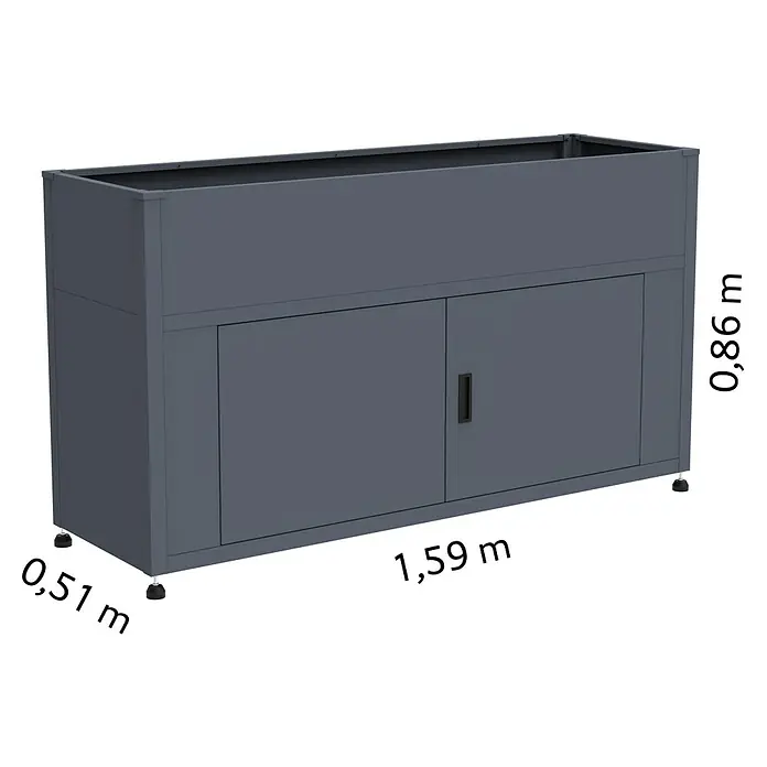 KGT Hochbeet UrbanGrow L Space - 159 x 51 x 86 cm, Metall, Anthrazit-grau - Darstellung eines grauen Outdoor-Küchenschranks mit Maßangaben.