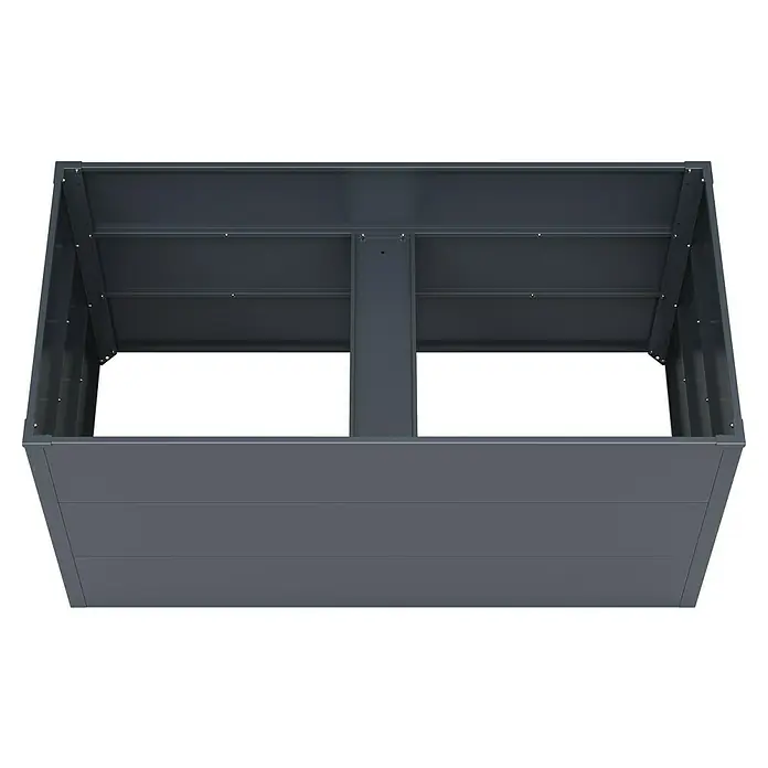 KGT Hochbeet UrbanGrow L - 149 x 74 x 78 cm, Metall, Anthrazit-grau - Ansicht einer leeren, grauen Gartenbox aus Metall mit Mittelsteg, ideal für die Aufbewahrung von Gartengeräten oder als Hochbeet.