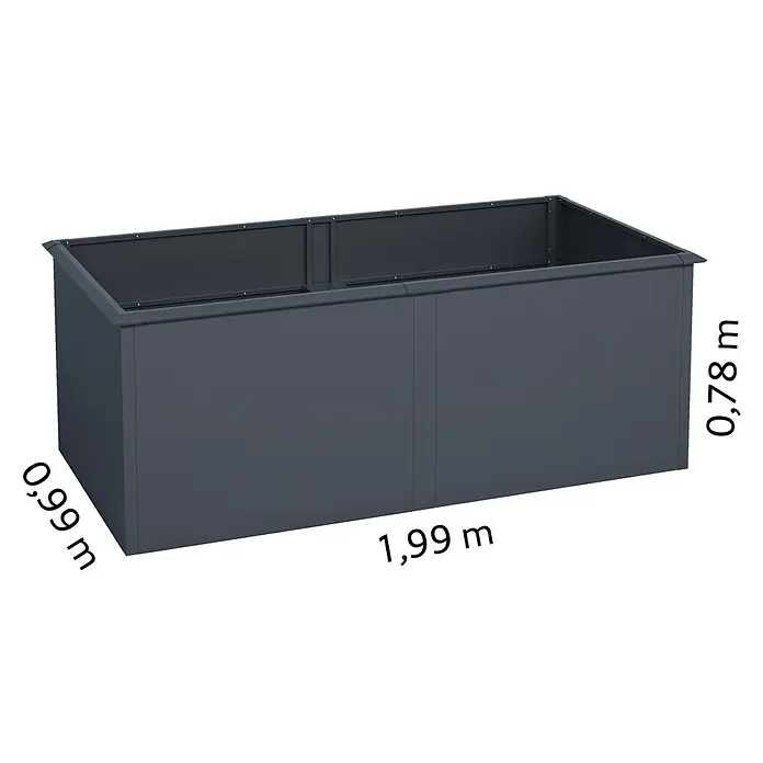 KGT Hochbeet UrbanGrow XL - 199 x 99 x 78 cm, Metall, Anthrazit-grau - Das Bild zeigt einen grauen, rechteckigen Pflanzkasten mit den Maßen 1,99 m x 0,99 m x 0,78 m. Ideal für Garten und Terrasse.