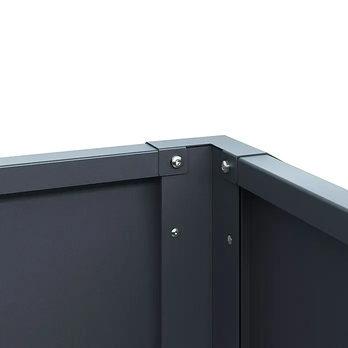 KGT Hochbeet UrbanGrow XL - 199 x 99 x 78 cm, Metall, Anthrazit-grau - Detailansicht einer dunklen Metallkonstruktion, die mit Schrauben befestigt ist und eine robuste und moderne Ästhetik aufweist.